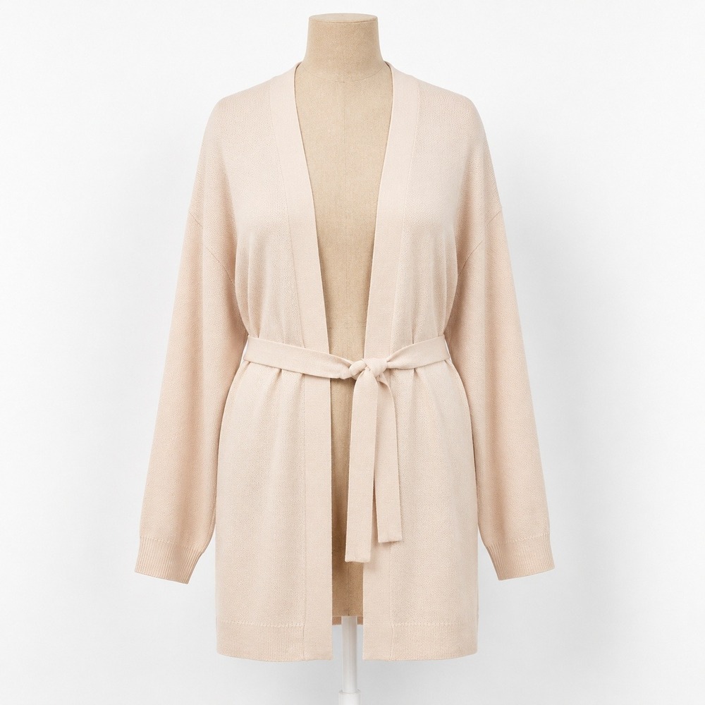100% Merino Wool Open Cardigan Sweater Size L Cream Tie Belt Minimalist Luxury
